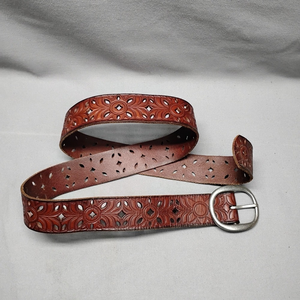 Fossil Womens Brown Leather Floral Tooled Cutout Belt Large BT3869200